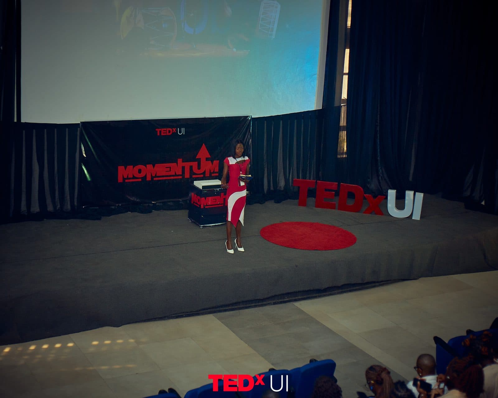 A speaker on the red dot on the TEDxUI stage, seen from the back of the auditorium.