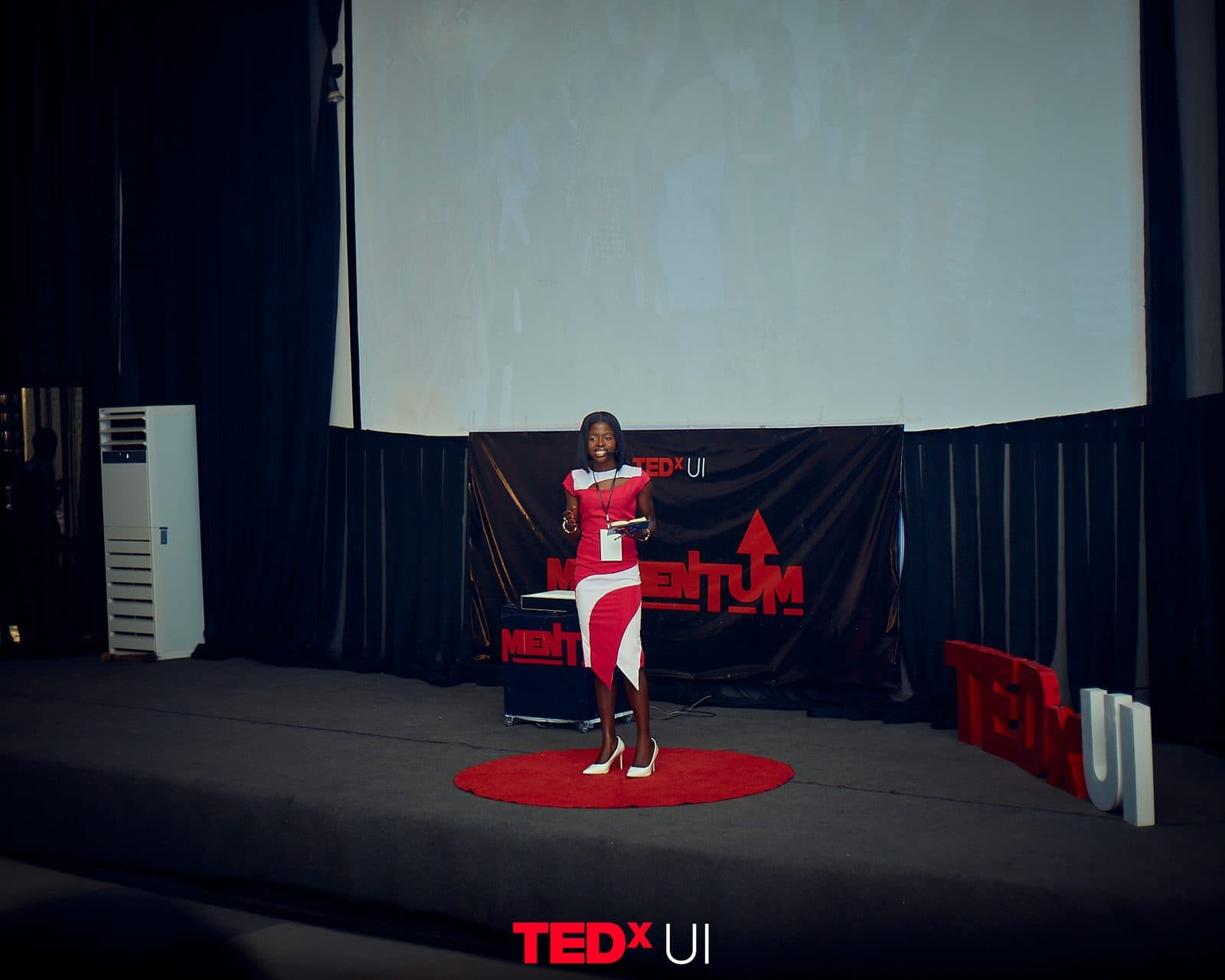 A speaker mid-talk on the lit stage, the projection screen glowing behind them.